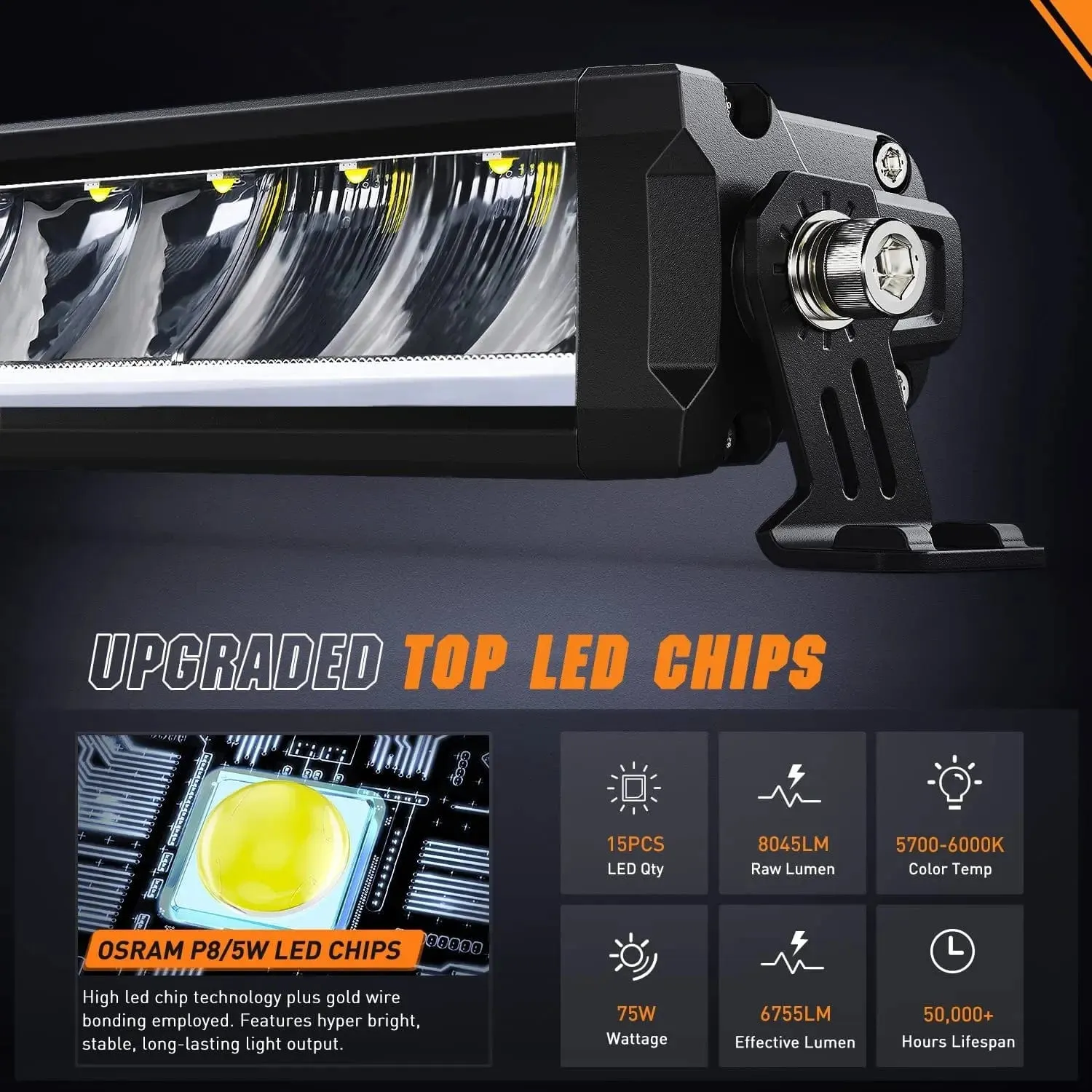 19.5 Inch 75W 8045LM Anti-Glare Slim DRL Spot Flood LED Light Bar Kit | 16AWG Wire DT Switch
