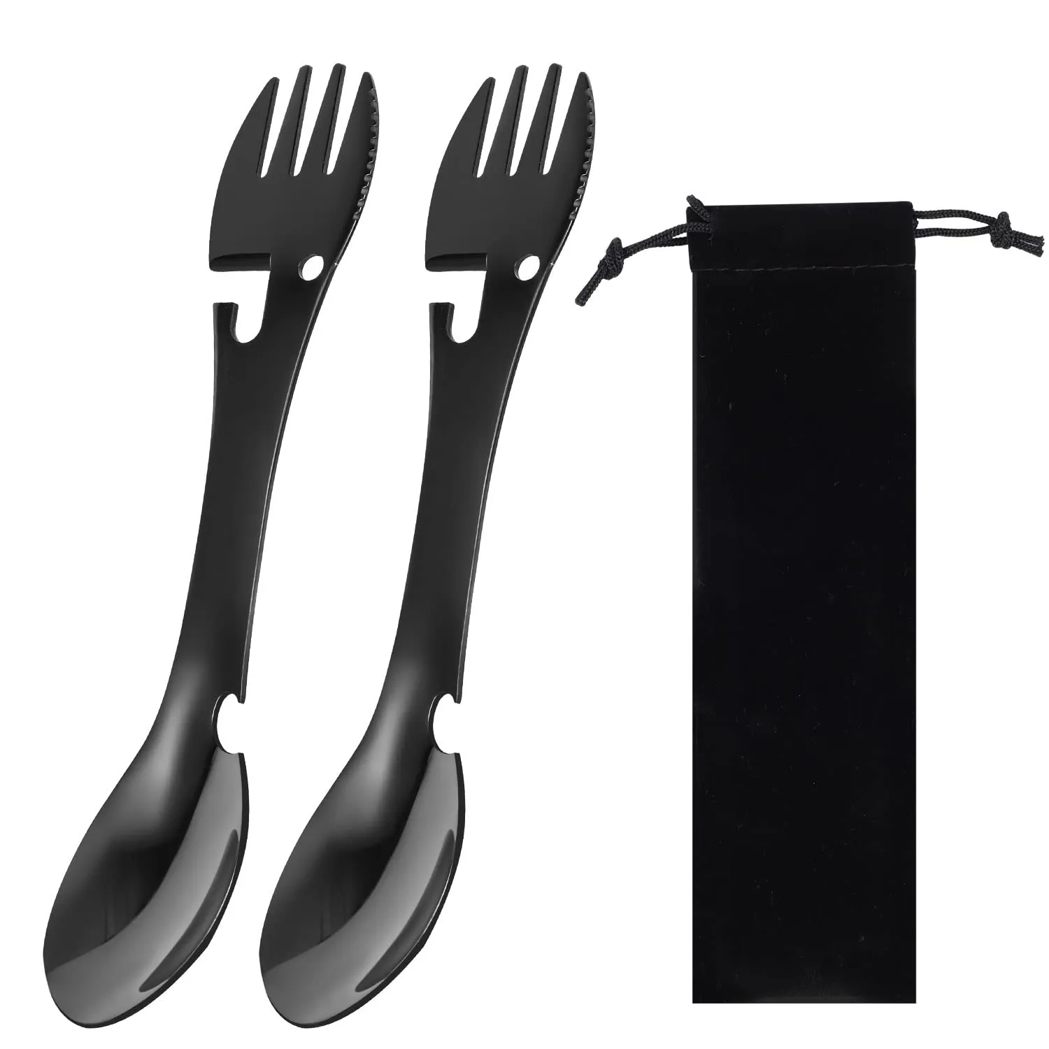 2PCS Camping Spork, Stainless Steel Spork Spoon Bottle Opener 5 in 1 Functional Utensil with Cloth Case for Travel Camping Cutlery