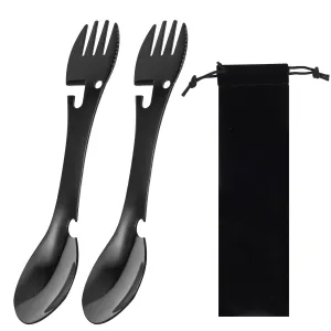 2PCS Camping Spork, Stainless Steel Spork Spoon Bottle Opener 5 in 1 Functional Utensil with Cloth Case for Travel Camping Cutlery
