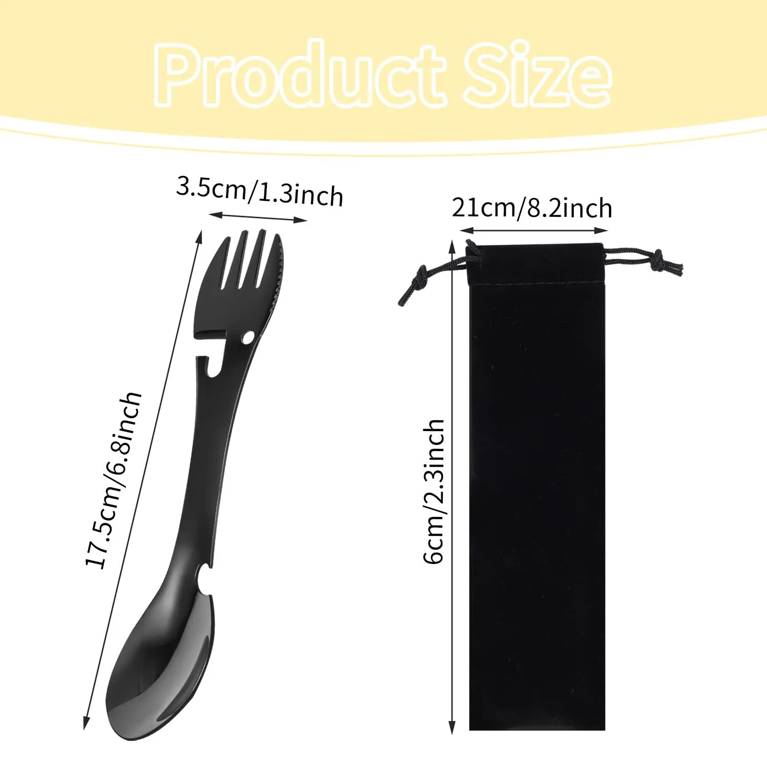 2PCS Camping Spork, Stainless Steel Spork Spoon Bottle Opener 5 in 1 Functional Utensil with Cloth Case for Travel Camping Cutlery
