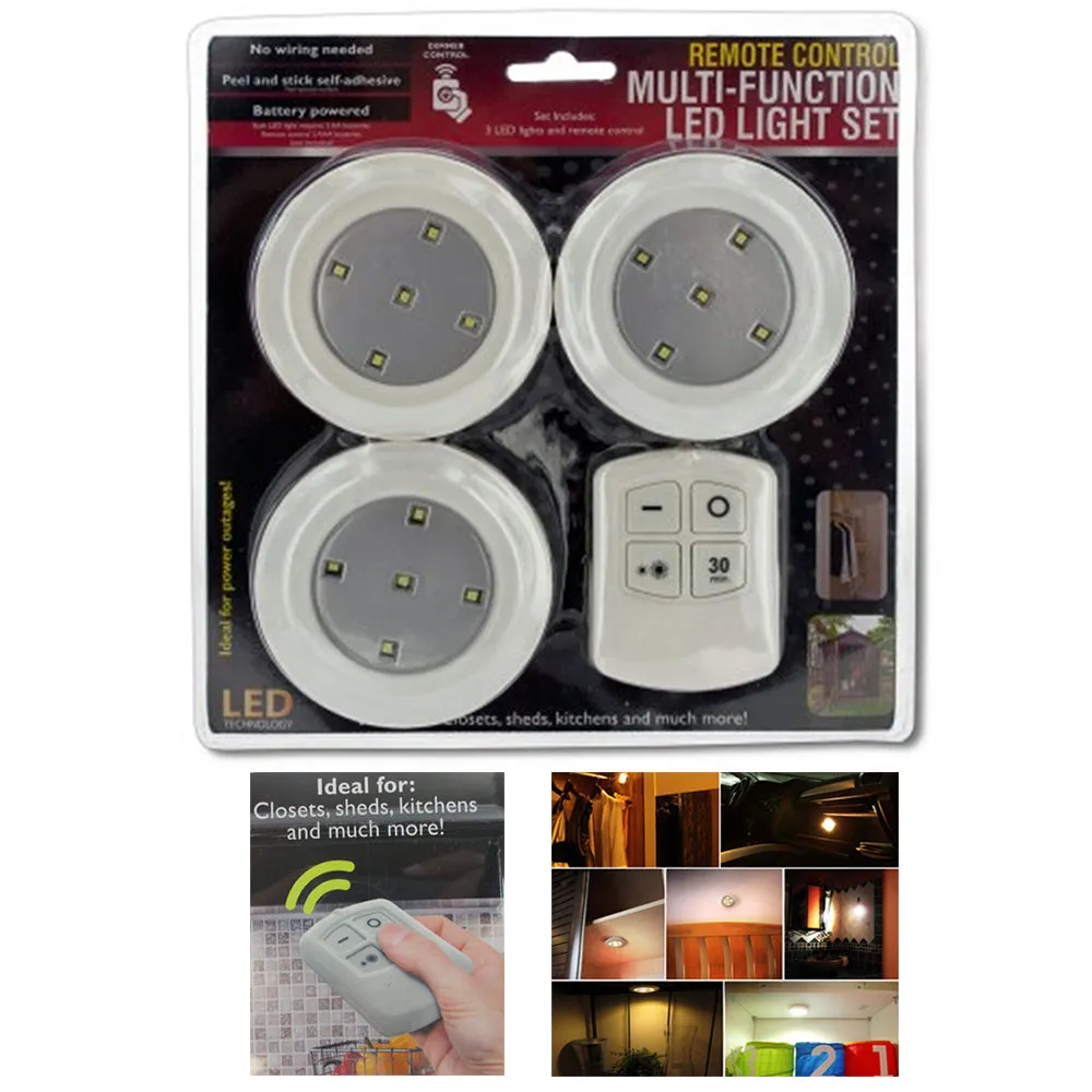 3Pcs Wireless LED Remote Control Battery Under Cabinet Night Light Wall Lamp