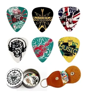6 Cool Celluloid Guitar Picks In Box With Holder