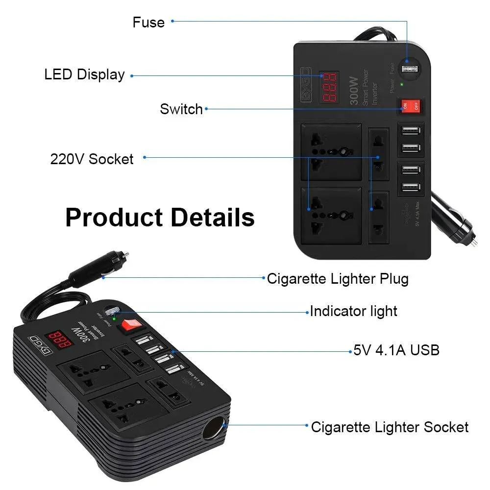 Car Inverter With Fuse 300W DC 12V to AC 220V Converter Power Adapter