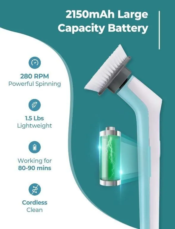 Cordless Electric Power Spin Scrubber with 3 Cleaning Brush Heads