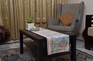 Table Runner In Silk Ikat - White