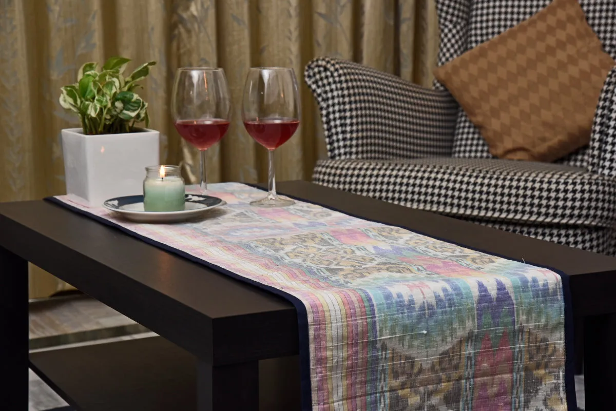 Table Runner In Silk Ikat - White