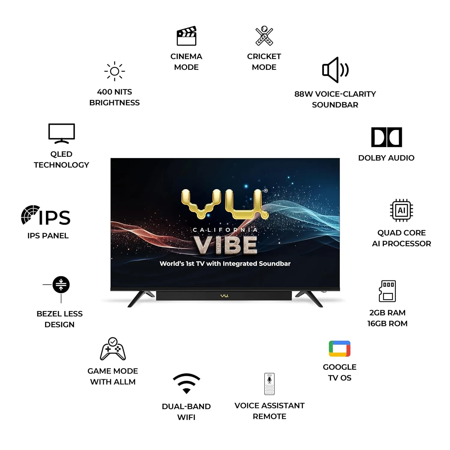 Vu 43 VIBE 3 Years Complete Warranty 108cm (43 inches) Vibe Series QLED 4K Google TV Smart (Black)